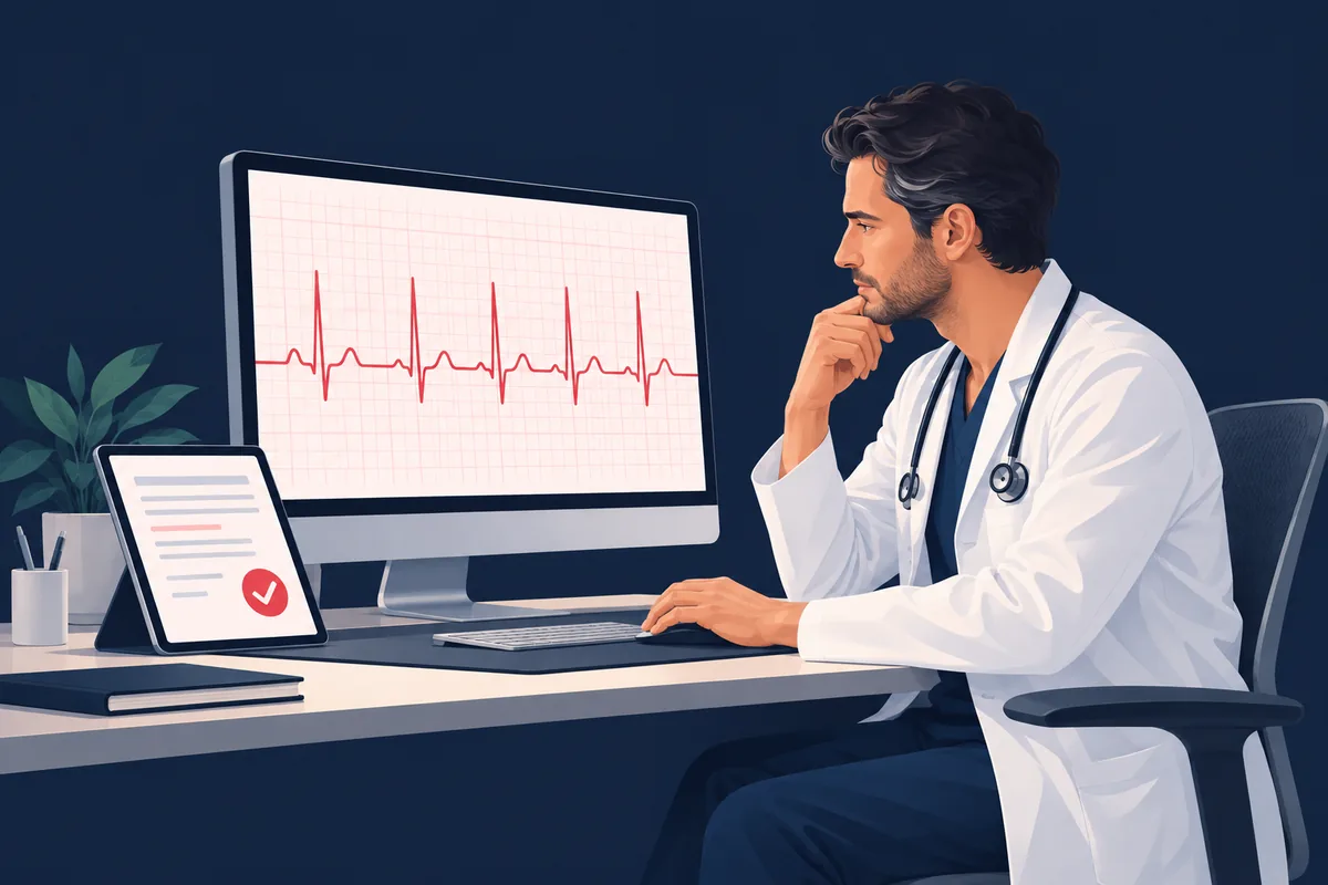 Illustration of a cardiologist examining an ECG tracing