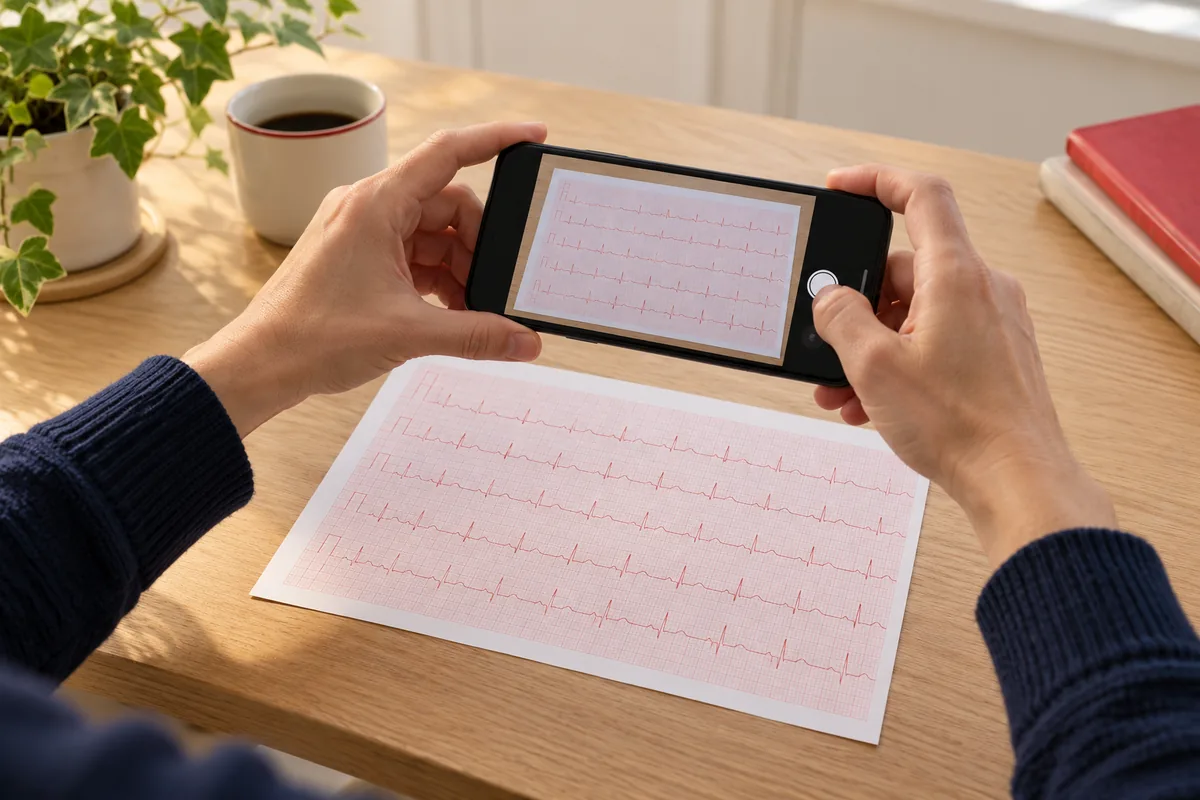 Illustrative scene of photographing a printed ECG report for image upload